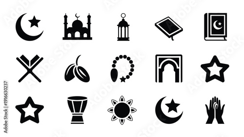 Ramadan symbols and icons set including mosque crescent moon stars lantern prayer beads and dates on white background for fasting and islamic celebration
