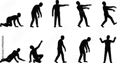 Zombie Silhouette Action Poses Set with Crawling Walking and Reaching Undead Figures Isolated on White Background
