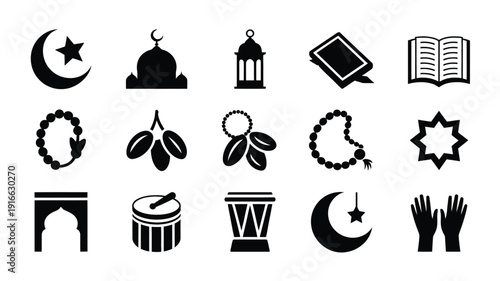 Ramadan islamic tradition silhouette icons set mosque crescent moon star quran prayer beads and more symbols for cultural and religious celebrations