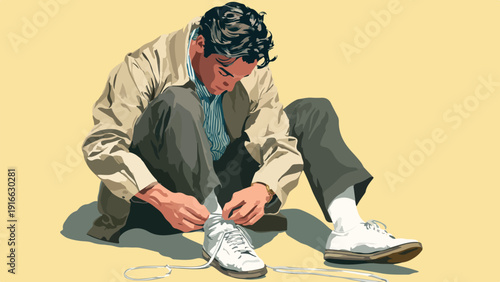 A man wearing a jacket and striped shirt laces up his white shoes on a light yellow background
