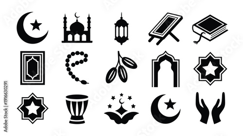 Ramadan fasting month silhouette logo collection islamic symbols and icons set crescent moon mosque lantern quran prayer beads star and more