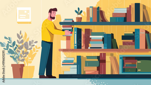 Bearded man in yellow shirt arranging books on a shelf with plants nearby
