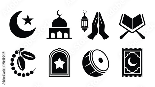 Ramadan spiritual silhouette logo collection with mosque crescent moon star praying hands lantern quran dates window drum and prayer mat icons on white background