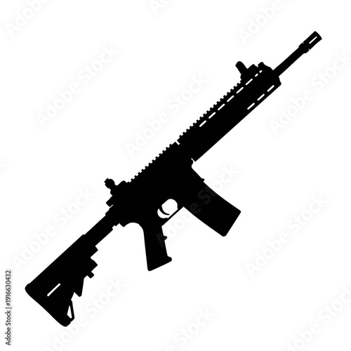Black silhouette of a modern assault rifle isolated on white background.