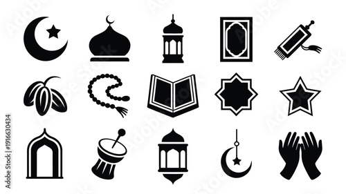 Ramadan mubarak religious icons set with mosque crescent moon star lantern and prayer beads on white background for islamic celebrations