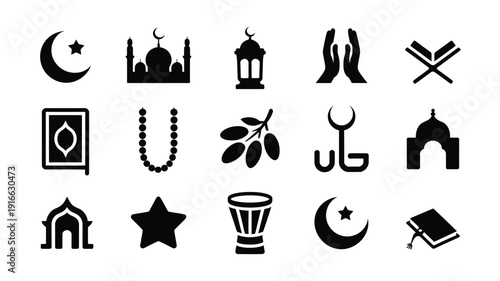 Ramadan kareem silhouette logo collection with mosque crescent moon star lantern prayer beads and book icons on white background for islamic holiday celebrations