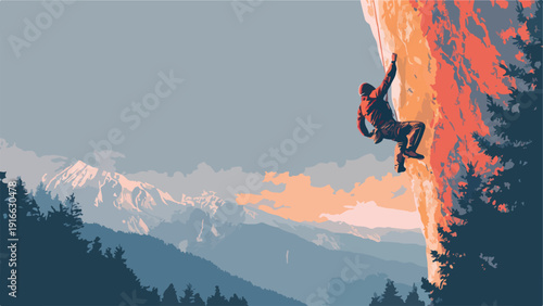 A solitary climber scales a vibrant, sun-kissed cliff face against a majestic mountain backdrop
