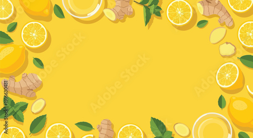 Fresh lemon slices with ginger root and mint leaves on yellow background