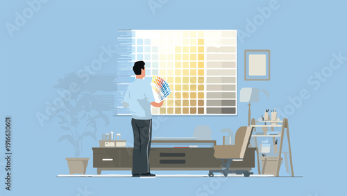 Person choosing colors from a swatch against a wall with a large paint chip chart