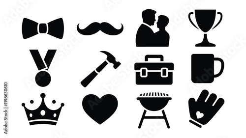 Collection of black silhouette icons featuring various objects and symbols for father's day or celebration concepts