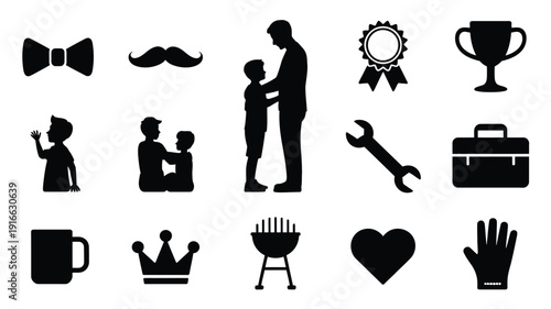 Father's day family bonding silhouettes with bbq tools and awards on white background