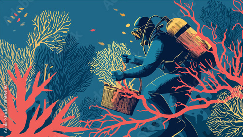 A diver collects coral and sea life in a basket amidst a vibrant coral reef