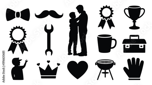 Father's day family bonding silhouette icons set for greeting cards and social media posts
