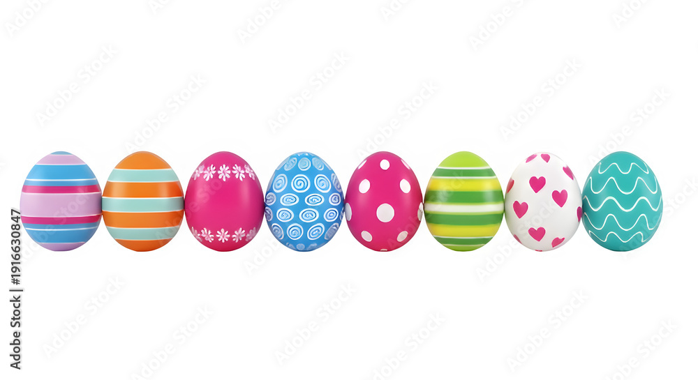 Fototapeta premium Colorful decorated Easter eggs lineup in a row.