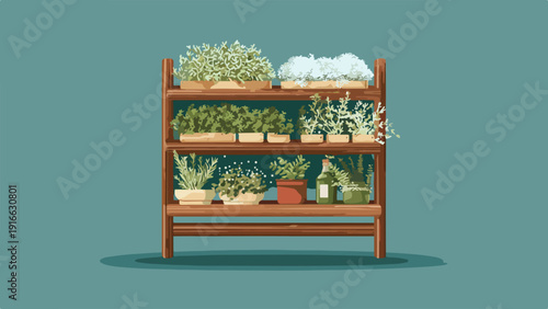 Wooden shelving unit displays a variety of potted plants and a green bottle