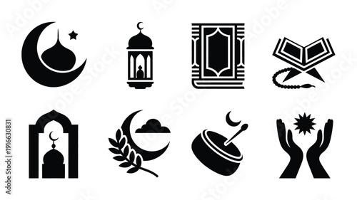 Ramadan kareem silhouette icons set crescent moon lantern quran mosque palm tree drum hands praying star symbolizing islamic holy month faith spirituality and celebration black on white