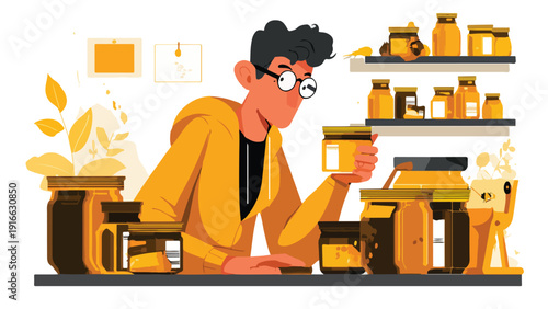Person in yellow hoodie inspects jars of golden honey on shelves with plants