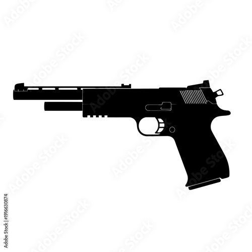 Black Silhouette of a Modern Semi-Automatic Handgun Isolated on White Background.