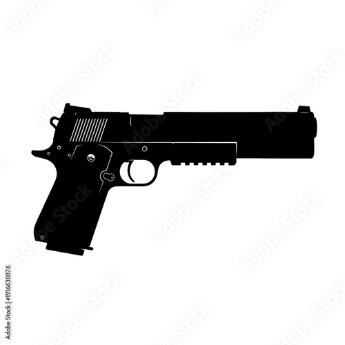 Black Silhouette of a Modern Handgun Isolated on White Background.