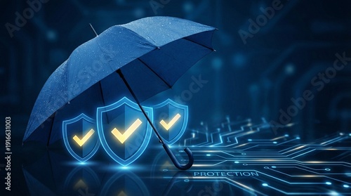 Digital protection concept with umbrella and glowing shield icons on circuit board background representing cybersecurity and data protection measures