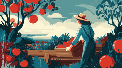 Farmer harvesting ripe tomatoes in a lush field under a cloudy sky