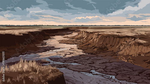 A cracked, dry riverbed winds through a brown, barren landscape under a cloudy sky