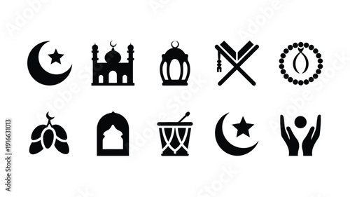 Collection of black islamic symbols and icons including crescent moon mosque lantern prayer beads and dates for ramadan and eid celebrations