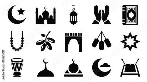 Ramadan mubarak silhouette bundle arrangement with mosque crescent moon and islamic symbols on white background