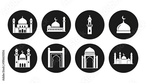 Generic Mosque and Islamic Architecture Solid White Icon Set with Circle Background Vector