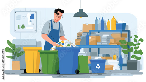 A man sorts trash into colorful bins for recycling in a clean workspace