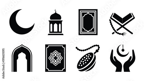 Islamic ramadan symbols and icons set including crescent moon mosque quran rosary and prayer hands on white background for cultural and religious designs