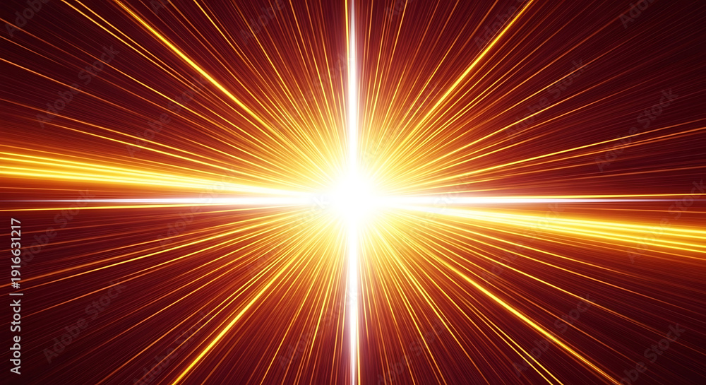 Fototapeta premium abstract golden light rays bursting from a central point creating a dynamic energy tunnel effect ideal for illustrating light speed data flow and futuristic technology concepts.