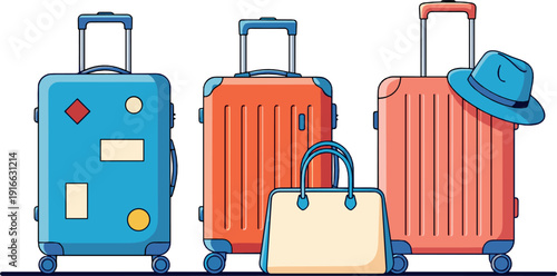 Colorful travel luggage set with rolling suitcases, handbag, and hat representing vacation, tourism, and modern journey concept in clean flat vector style