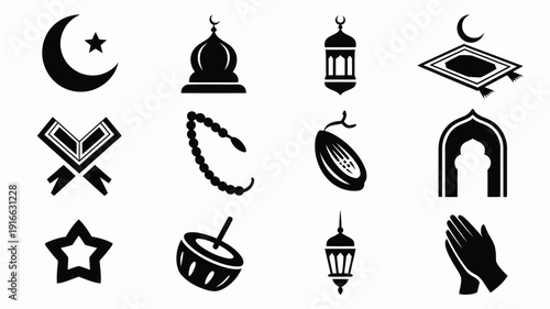 Black vector islamic icons set including mosque crescent moon prayer mat lantern and rosary on white background for ramadan and eid celebrations