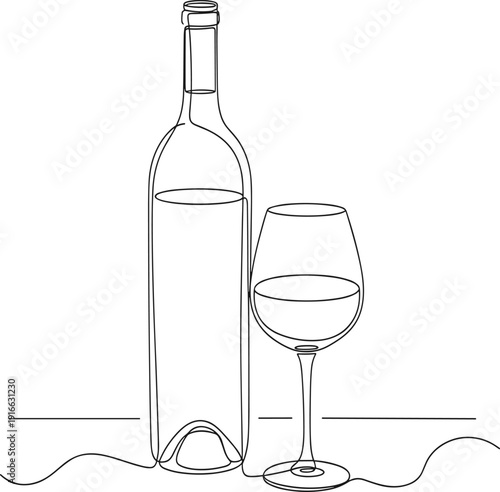 Wine bottle and glass on a table with a wine stain wine glass line black and white de