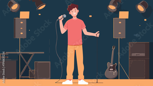 A young person holds a microphone on stage with musical instruments and lights