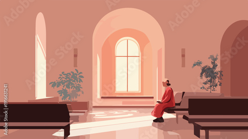 A lone figure in red sits in a waiting area bathed in warm sunlight from a large window