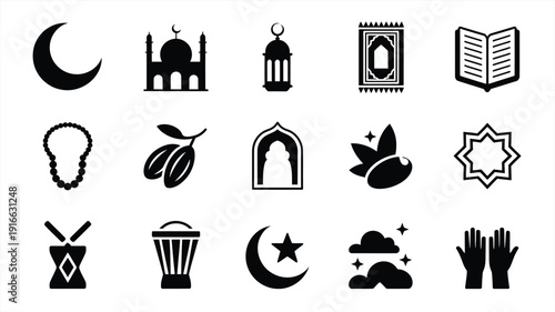 Ramadan prayer icons set with mosque crescent moon lantern and islamic symbols for worship and fasting
