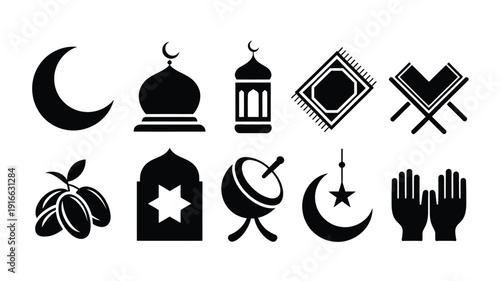 Ramadan kareem islamic silhouette bundle black icons for muslim holidays and symbols