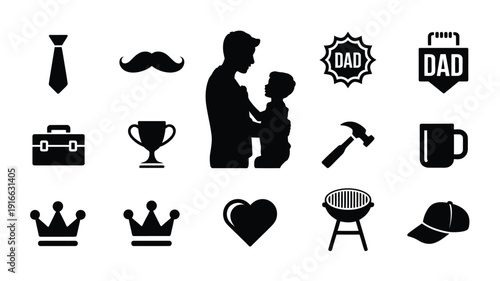 Father's day silhouette icons bundle dad family gift tools and symbols for greeting cards and social media posts