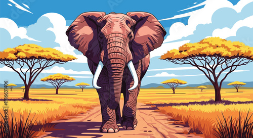 African elephant walking on dirt road through savannah with acacia trees