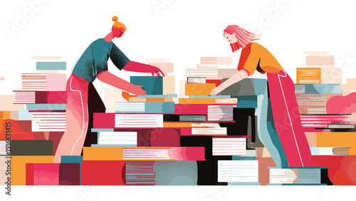 Stylized illustration of two figures sorting through colorful piles of books