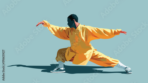 Person in traditional yellow martial arts uniform performing a low, wide stance