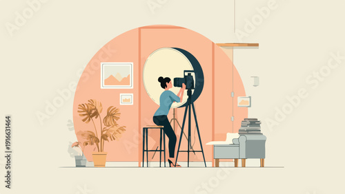 A photographer captures an image in a brightly lit studio with plants and furniture