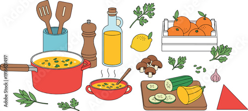 Cooking ingredients and kitchen tools set with soup pot, vegetables, herbs, and oil bottles illustrated in hand drawn flat vector style