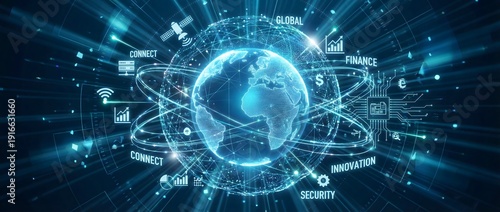 Abstract Digital Visualization of a Global Network with Data Connections and Bright Rays