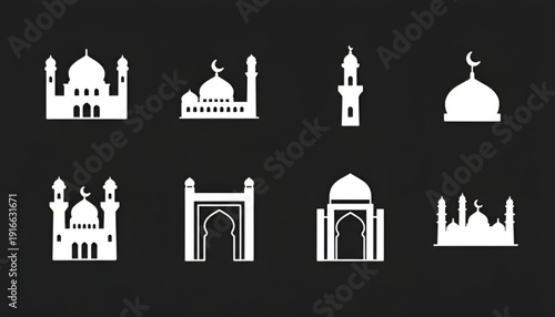Generic Mosque and Islamic Architecture Solid White Icon Set on Dark Background Vector