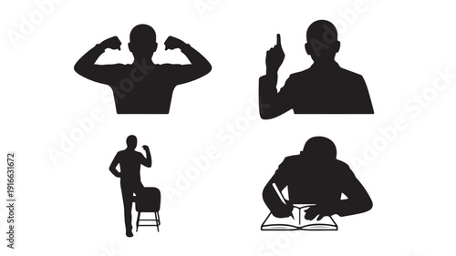 Human Silhouettes Vector Icon Set Depicting Strength Idea Exercise and Study on White Background