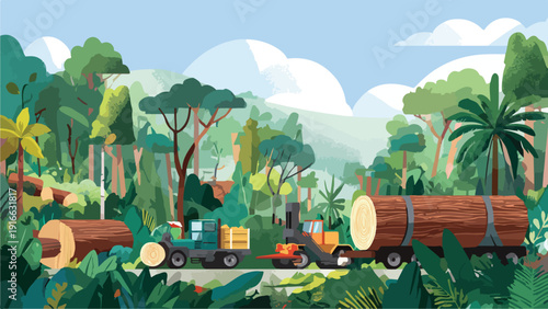 A lush forest scene with logging equipment loading large tree trunks onto trucks