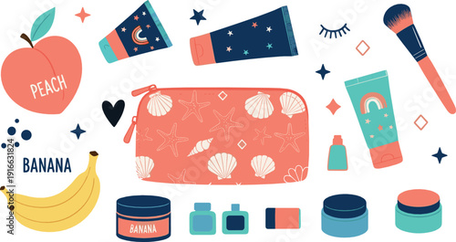 Cosmetic makeup and skincare travel pouch set with fruits, creams, tubes, jars, and beauty accessories illustrated in playful flat vector style